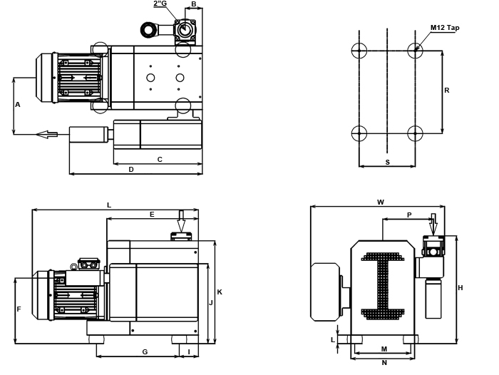 Dimensions drawing of the EVC-0250 vacuum pump