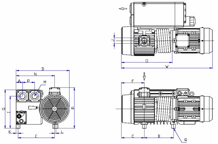 Dimensions drawing of the EV-0100F vacuum pump