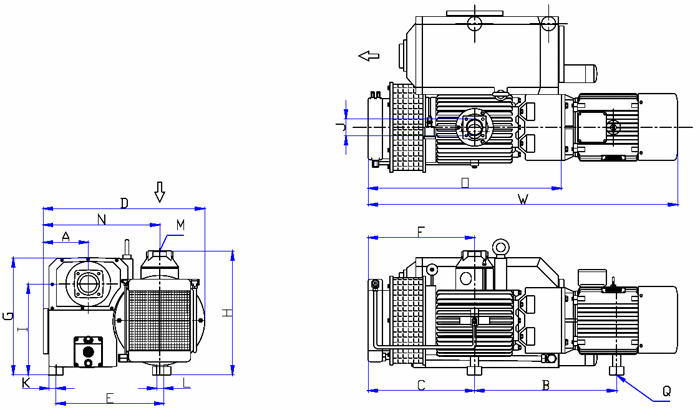 Dimensions drawing of the EV-0450F vacuum pump